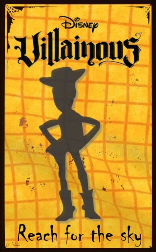 Silhouette of Woody against a backdrop of the plaid-patterned material making up the lion's share of his iconic outfit. Text at the bottom reads in a messy font resembling spatter 'Reach for the sky'